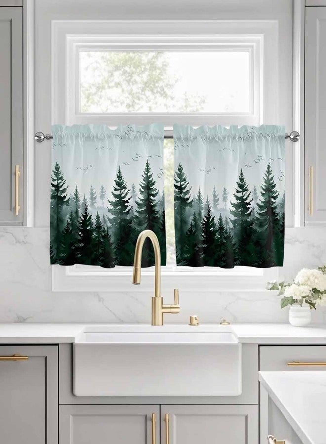 Jolunifun Pine Tree Forest Kitchen Curtain 36 Inch Length Small Short Cafe Tiers Curtains Drape, 2 Panel Window Treatment Rod Pocket Drapery Panels Curtains, Green Landscape Nature Decor 55x36 - Image 2